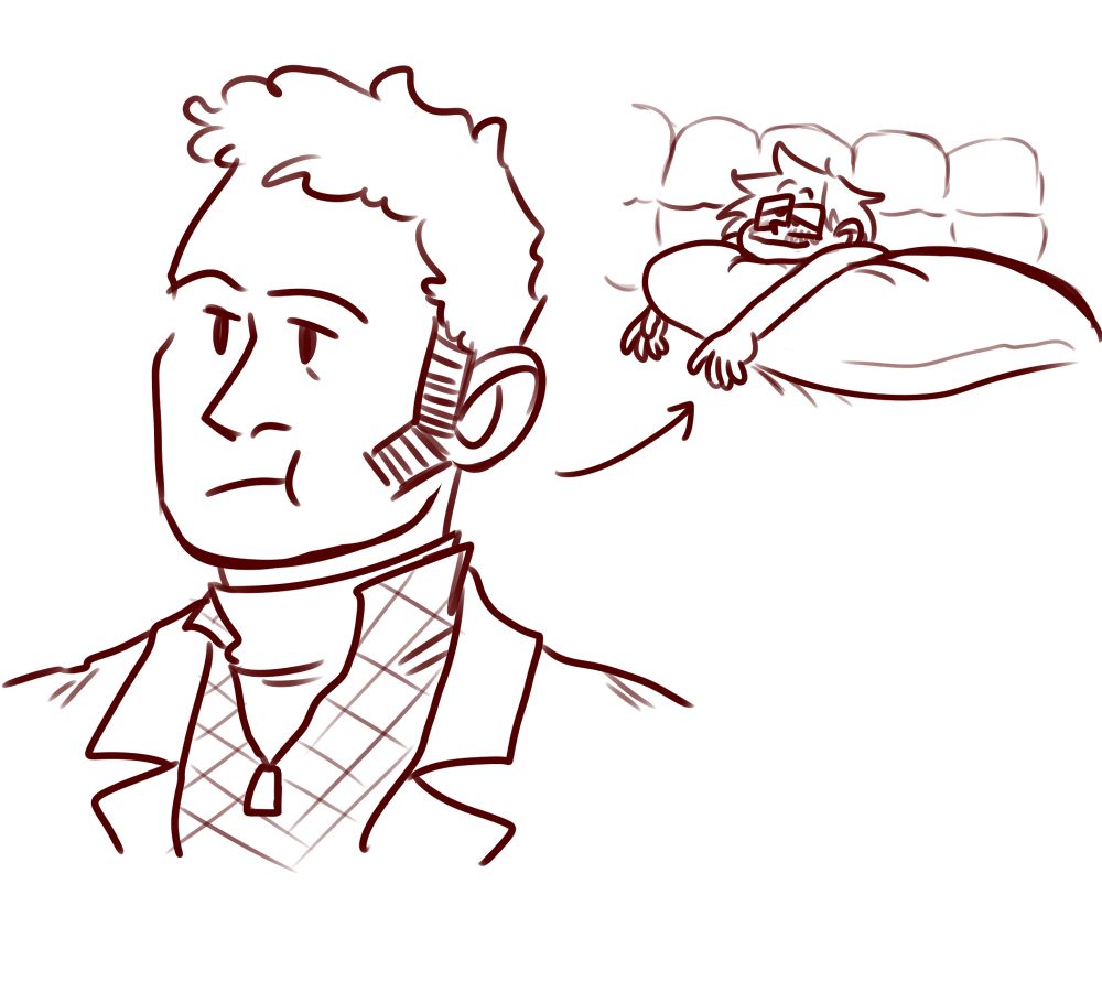 Red lined drawing. The man with sideburns has the tiny man with glasses in his mouth, lying full length on his tongue, looking pleased and blushing.