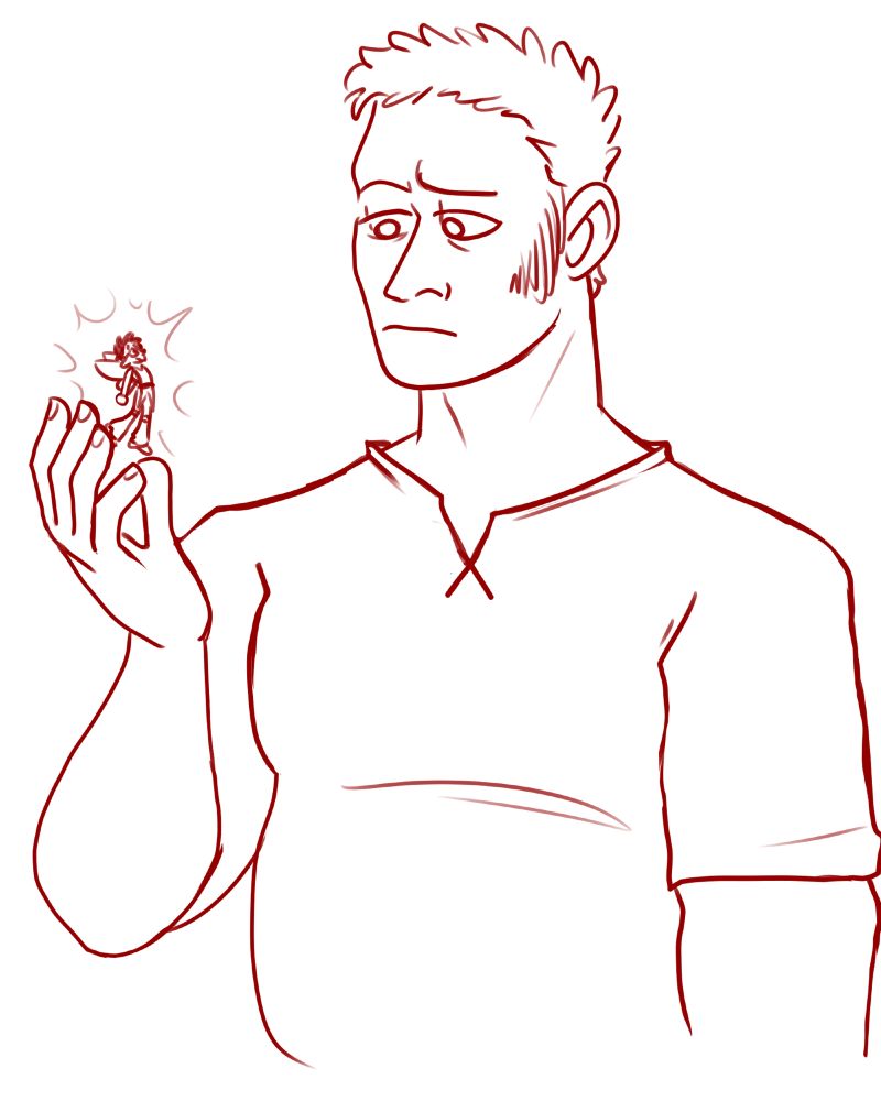 a drawing in red pen of a short haired mercenary holding a little fairy; the same fairy from the previous image. The fairy is emanating a little glow, the mercenary looks perhaps skeptical.