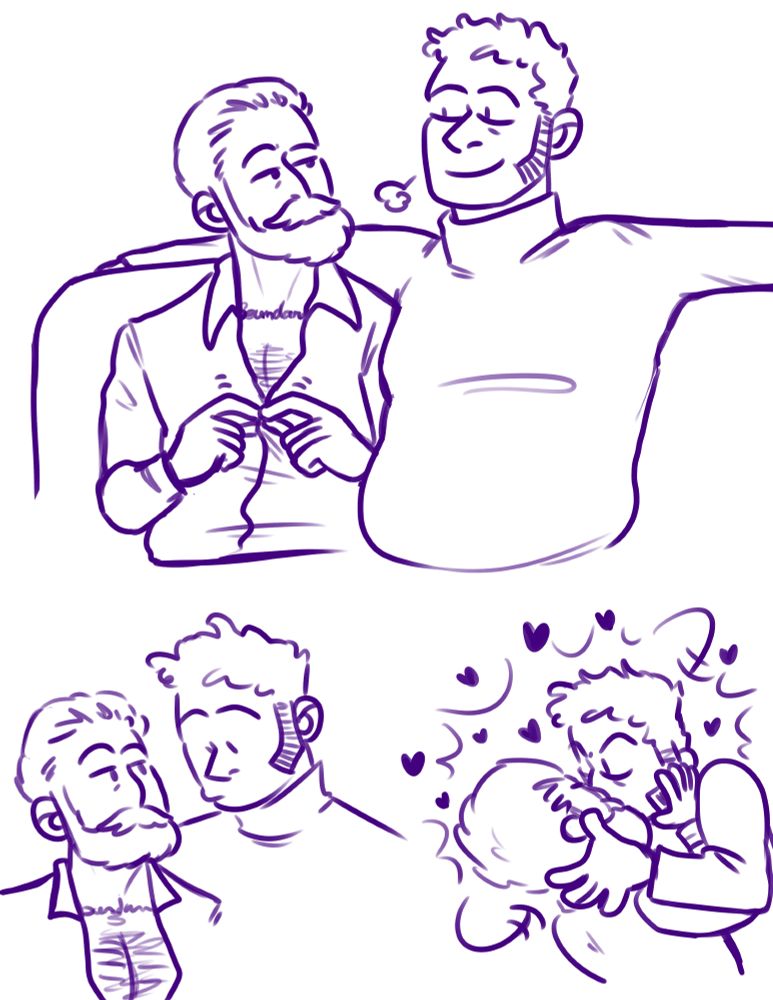 Purple lined drawings. The man with the sideburns breathes a sigh of relief while the man with the beard unbuttons his shirt. The man with the sideburns notices, and they kiss passionately.