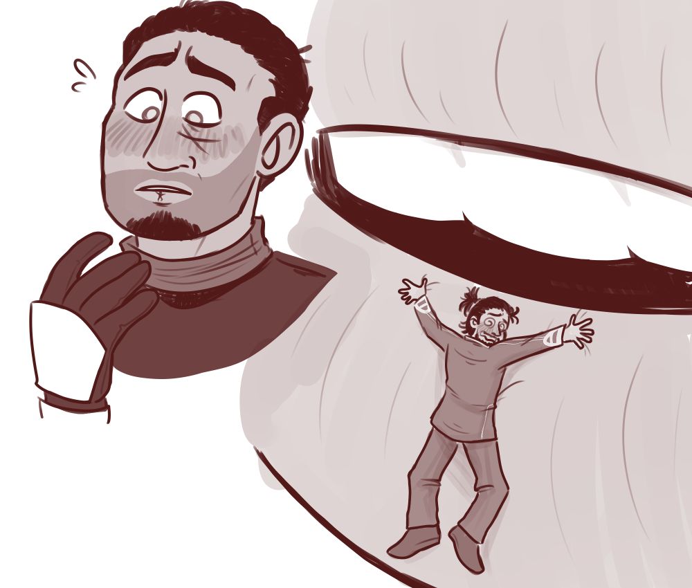 Saga blushes as he realizes the little speck is now stuck to his bottom lip. A close up shows Rade Brallar, a man with his hair tied up in a ponytail, stuck to the lip with his arms spread out in either direction, a dazed, flustered expression of bliss on his face.