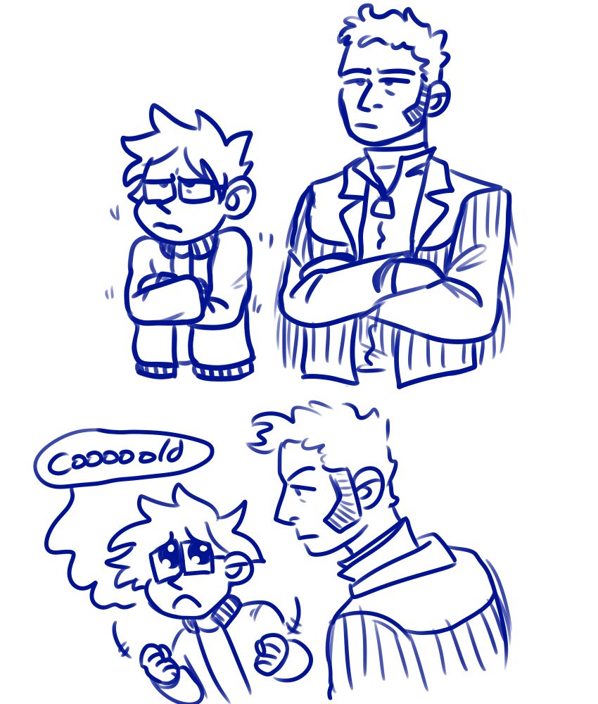 Blue lined drawing. A man with glasses stands next to a man in a fringe jacket. They both have their arms crossed and grim expressions. The man with the glasses shivers miserably. He turns to the man in the fringe jacket and signs "Cooooold", making a pleading expression.