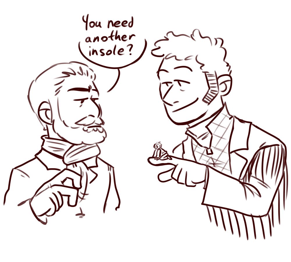 Red lined drawing. The man with the beard signs "You need another insole?" His partner holding the tiny man grins in reply.