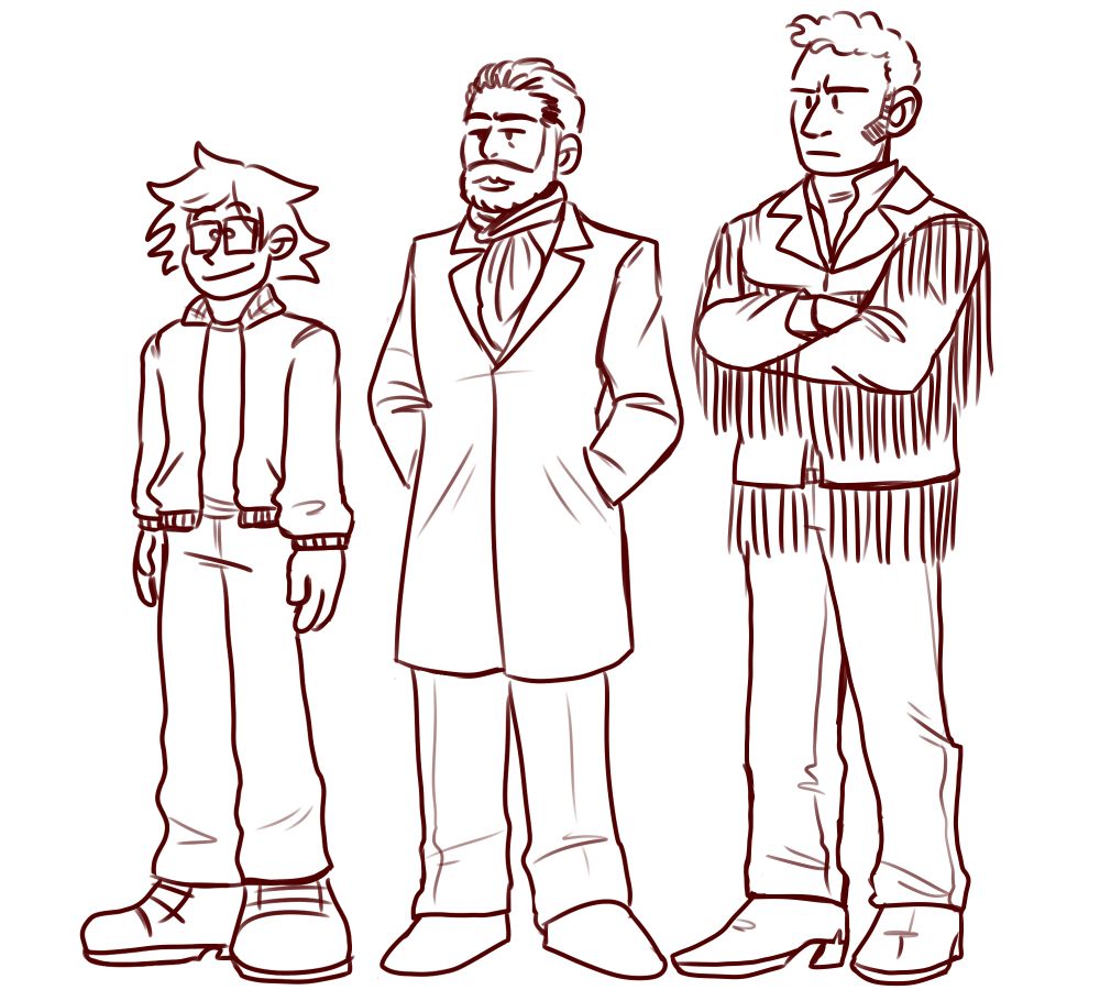Height chart. Three men stand next to each other. The first has chin length hair sticking out in odd directions. He wears glasses, a jacket, t-shirt, jeans, & timbs. The man in the middle has a beard and wears a scarf tucked into an overcoat. The man on the end wears a fringe jacket & cowboy boots and has short hair & sideburns.