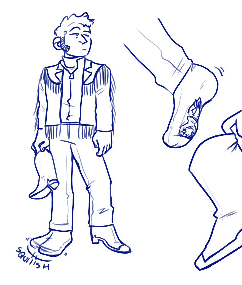 The man in the jacket twists his foot like he's stubbing out a cigarette and glances over his shoulder. With the tiny man firmly flattened to his socked foot, he puts his boot back on.