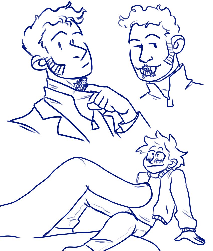 Three drawings. One shows Wrench with a tiny Boots & Numbers, a man with dark hair & a beard, tucked into his turtleneck just under his chin. The second drawing shows Wrench with his tongue stuck out and Boots's head and arms sticking out of his mouth. The third shows a tiny blushing Boots with someone's finger resting against his chest.