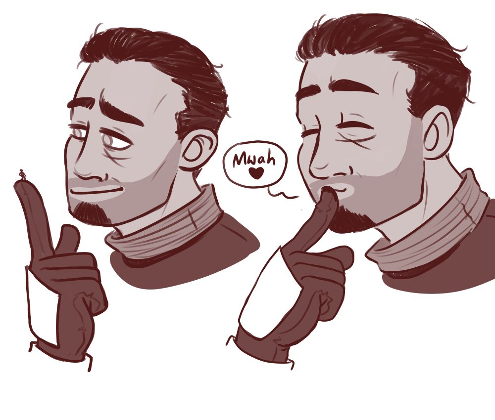 Monochrome red drawings. Saga, a Clone with an X-shaped scar under his left eye, holds up his pointer finger with a tiny figure perched atop it. He presses them to his lips to give them a kiss.