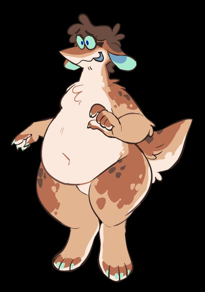 A fat brown anthro with deer-like markings and teal glasses, ears, and nails.