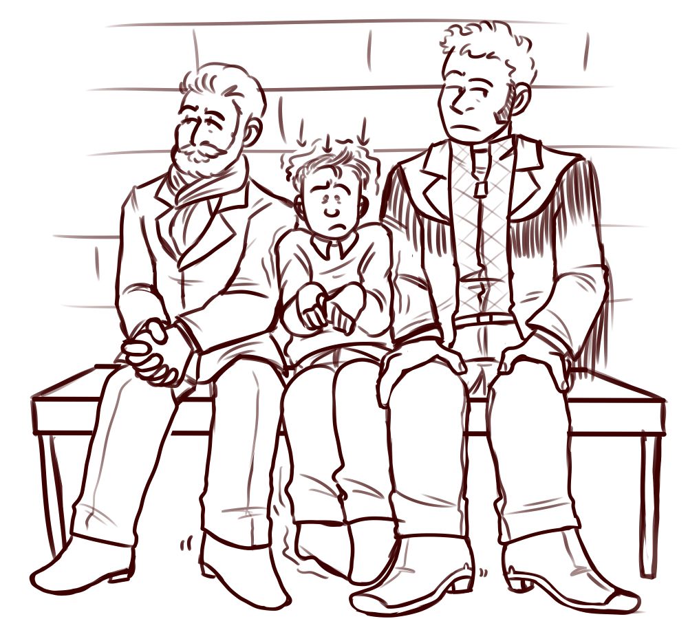 The man in the middle begins to shrink with a confused expression on his face. The men on either side glance away and begin to slowly scoot inwards.