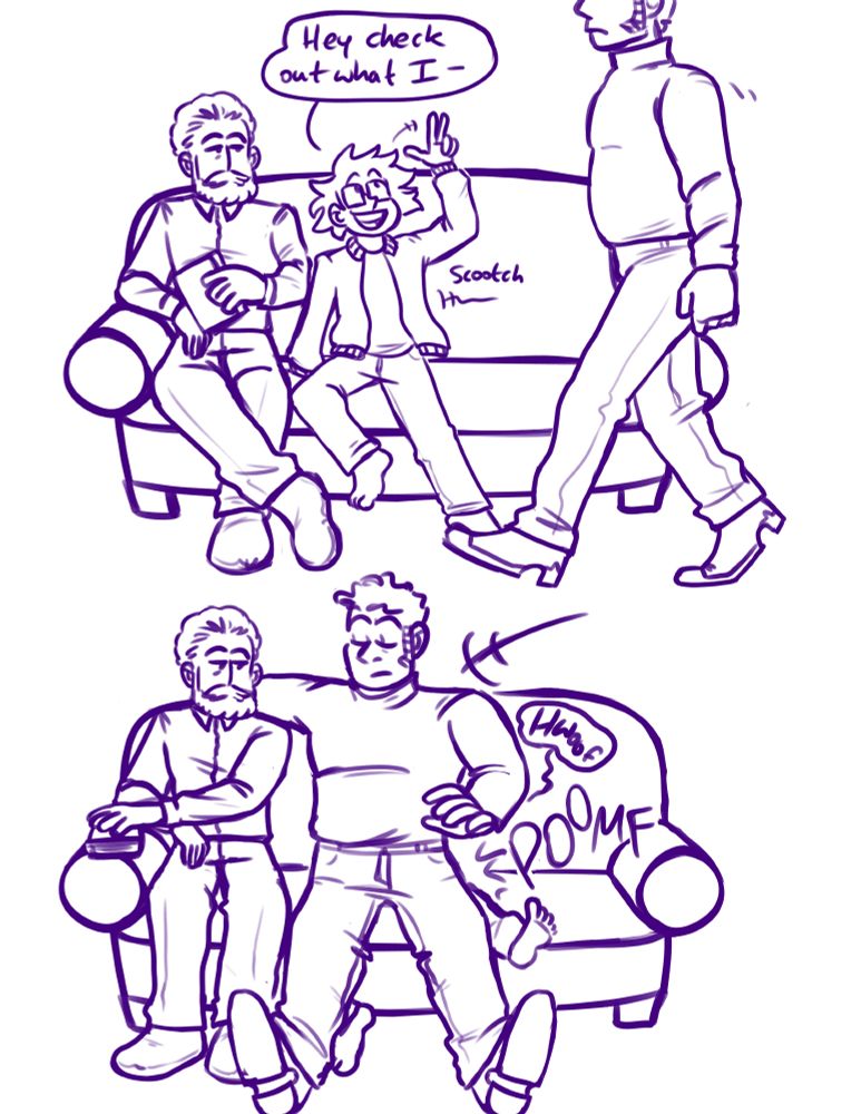 Purple lined drawing. The man with glasses scootches closer to the man with the beard to make room for a third man making his way over, who has sideburns. The man with the glasses says, "Hey check out what I - " Without looking at him, the man with sideburns sits directly on him. The man with the beard puts his book down.