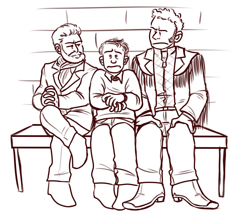 Red lined drawing. Three men sit on a bench against a brick wall. The men on either side are sitting uncomfortably close to the man in the middle and glaring at him. The man on the left has a beard and wears a scarf & overcoat. He has one leg crossed over the other and his interlaced hands rest on one knee. The man in the middle is wearing a sweater & collared shirt and looks anxious. The man on the right has sideburns and wears a fringe jacket & cowboy boots.