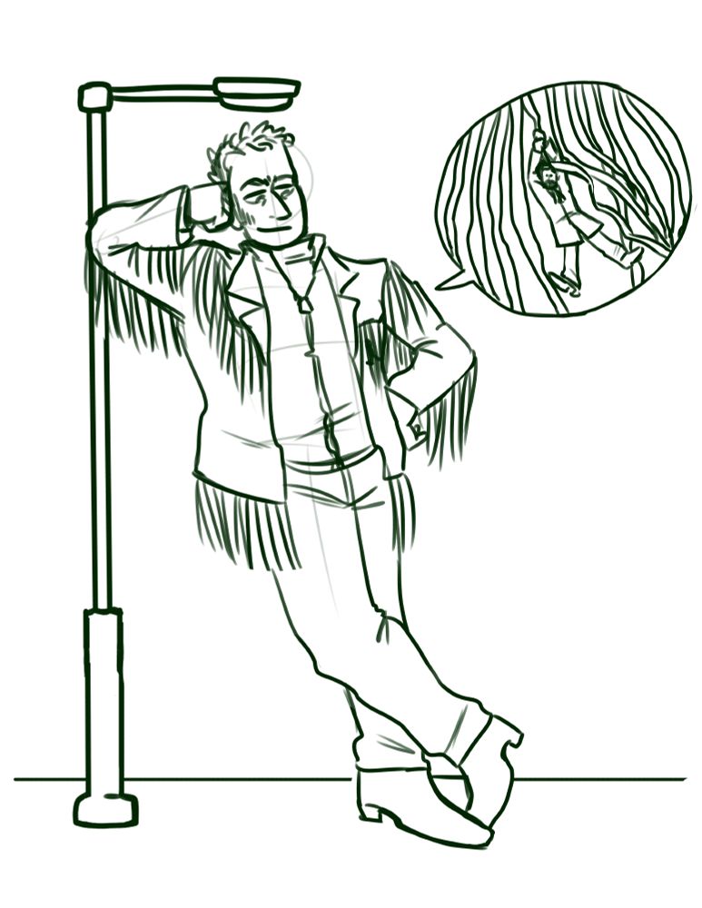The man with sideburns leans against a street light to show off how much he's grown. A speech bubble zoom in shows the man with the beard still hanging off the fringe.
