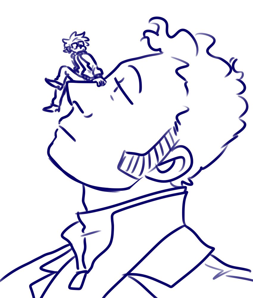 Boots, a man with short, fluffy hair, glasses, and a jacket, perches on the nose of Wrench, a man with short hair & sideburns, who tilts his head back to make a flat surface for Boots to rest on.