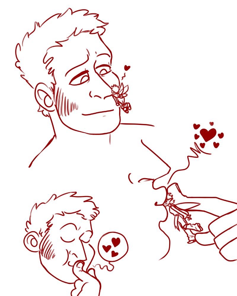 Three images in red pen. The first of the fairy giving the mercenary a little kiss on the nose, the mercenary is smiling. The second of the mercenary using a finger to push the fairies face into his lips to kiss him back. The third he has pushed the fairy fully into his mouth. Get eated. Lovehearts are coming from the deep kiss. The fairy is a freak for this.