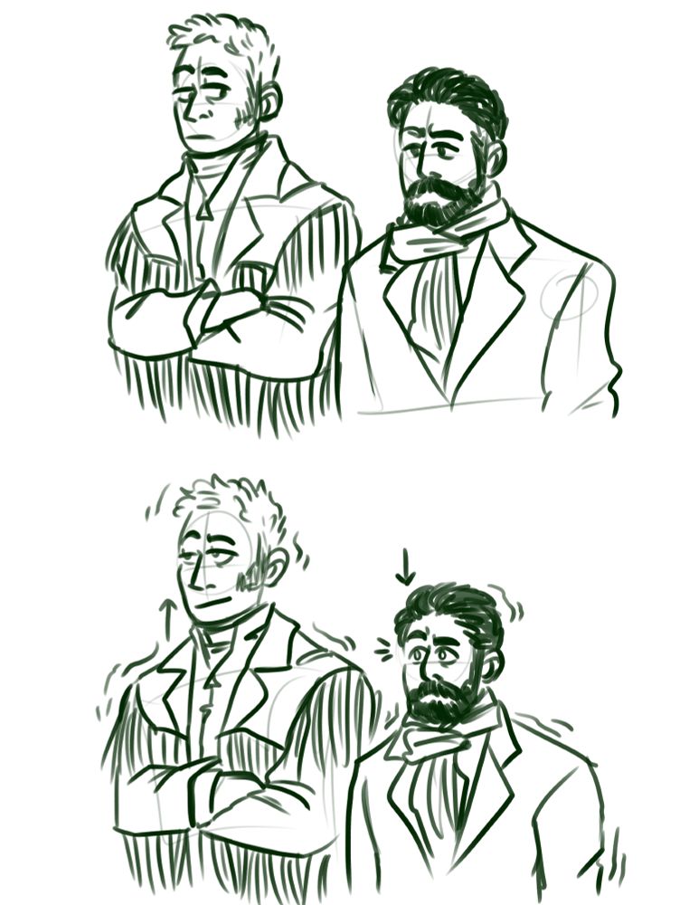 Green lined drawing. Two men stand next to each other. One wears a fringe jacket and has short hair & sideburns, while the other is in an overcoat & scarf and has dark hair & a beard. Suddenly, the one with sideburns starts to grow, looking smug, while the one with the beard starts to shrink and looks surprised.