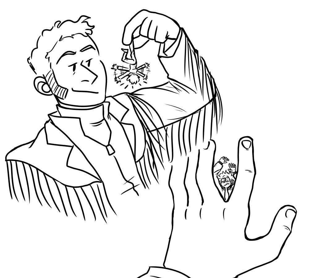 In one drawing, the man in the fringe jacket dangles the tiny guy upside down by a leg while he waves his arms in a panic. In the other drawing, the tiny guy is pinned under a hand, his head peeking out between two fingers and arms over his head.