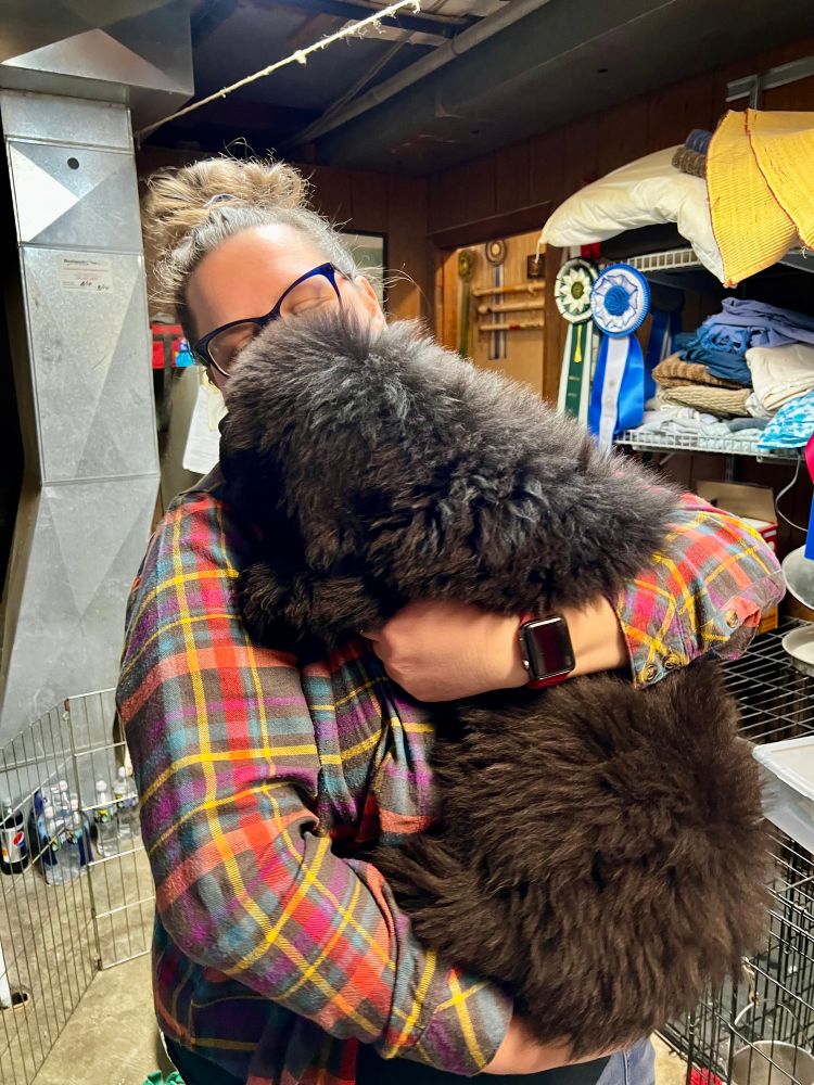 I am wearing a plaid flannel shirt while holding my 10 week old Newfoundland puppy for the 1st time. Only his back is visible. He’s 24lbs. 