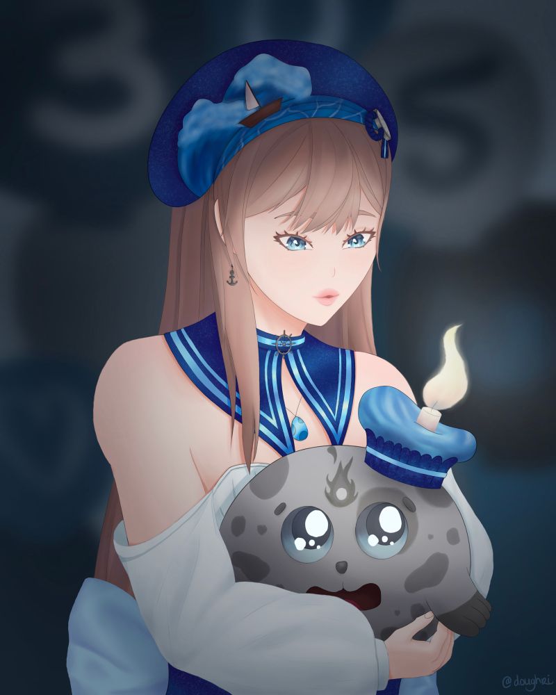 LostSailorAtSea the vtuber is blowing out a candle in a cupcake on top of her round seal mascot she is holding in her arms