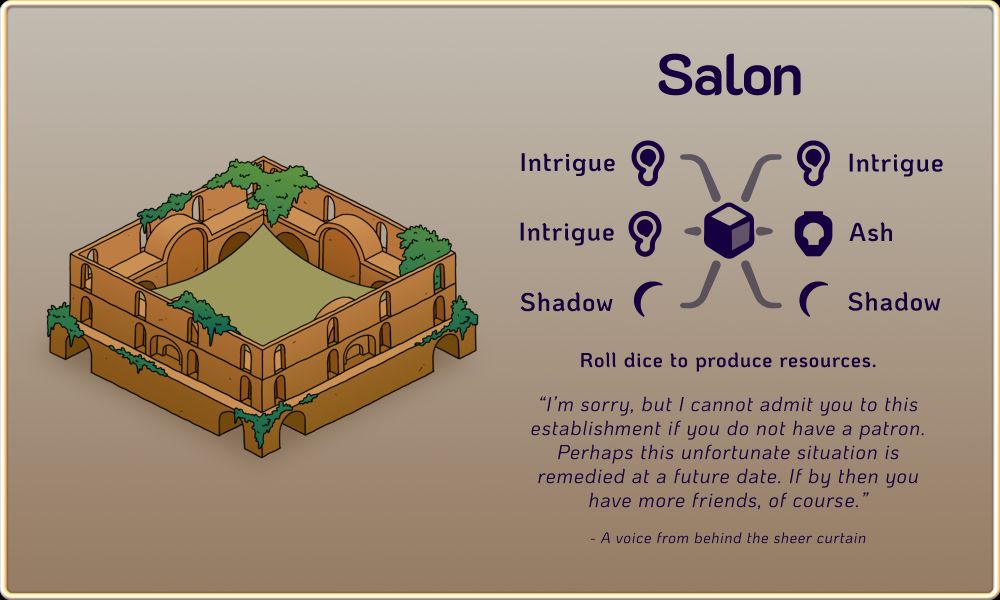 An overview of the Salon, a building that can be constructed in upcoming game Amberspire. On the left is the building art, a square structure with four external walls and a large canvas covering as its roof. The walls have greenery climbing them and several arched windows on each side. On the right are the details of the building and its flavour text, reading: Salon. Roll dice to produce resources. ""I'm sorry, but I cannot admit you to this establishment if you do not have a patron. Perhaps this unfortunate situation is remedied at a future date. If by then you have more friends, of course." - A voice from behind the sheer curtain". There is also a diagram of the resources that the dice from this building can produce when rolled. Three faces are Intrigue, two are Shadow, and one is Ash.