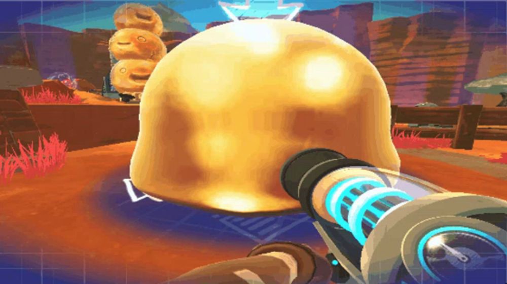 a video game character is holding a gun and shooting a gold slime