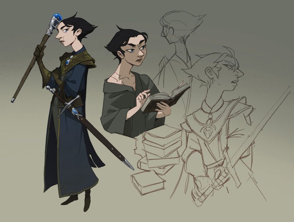 drawings and sketches of a woman wearing the carian knight armor set from Elden ring in various poses.