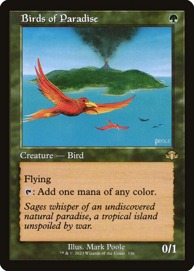 The Magic: the Gathering card Birds of Paradise. Illustrated by Mark Poole. The image on the card depicts a tropical bird flying with an island with an active, smoking volcano in the distance. 