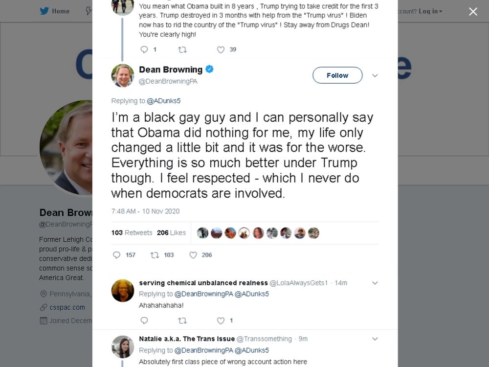 Dean Browning, a white politician, forgot to change accounts and described himself as a black gay guy.