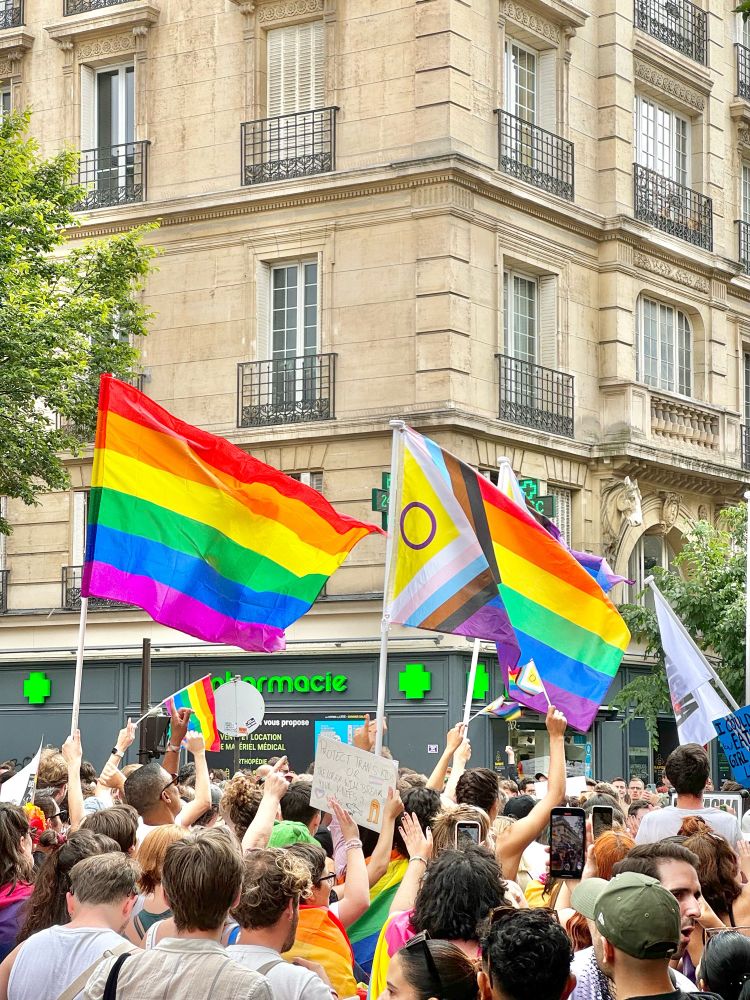 Foule dans la rue à Paris pour la Marche des Fiertés 2024 avec des drapeaux arc-en-ciel 🌈