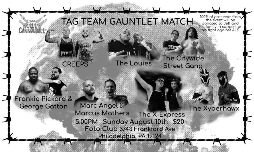 Match announcement - Tag Team Gauntlet match
The Creeps
The Louies
The Citywide Street Gang
Frankie Pickard & George Gatton
Marc Angel & Marcus Mathers
The X-Press
The Xyberhawx