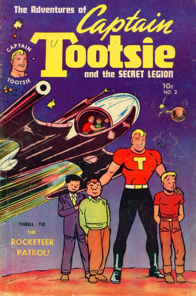 Cover to Captain Tootsie and the Secret Legion #2
A rocket ship flies in the background while Captain Tootsie stands with his hands on the shoulder of children in the foreground