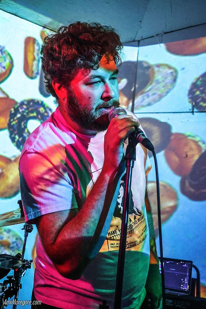 Donutshoes live in concert speaking into a microphone