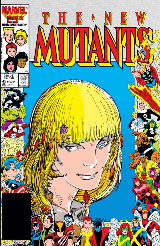 Cover to The New Mutants #45 with a portrait of character Magick looking at the viewer. Surrounding her is the wrapper for Marvel's 25th anniversary with most of marvel's major super heroes