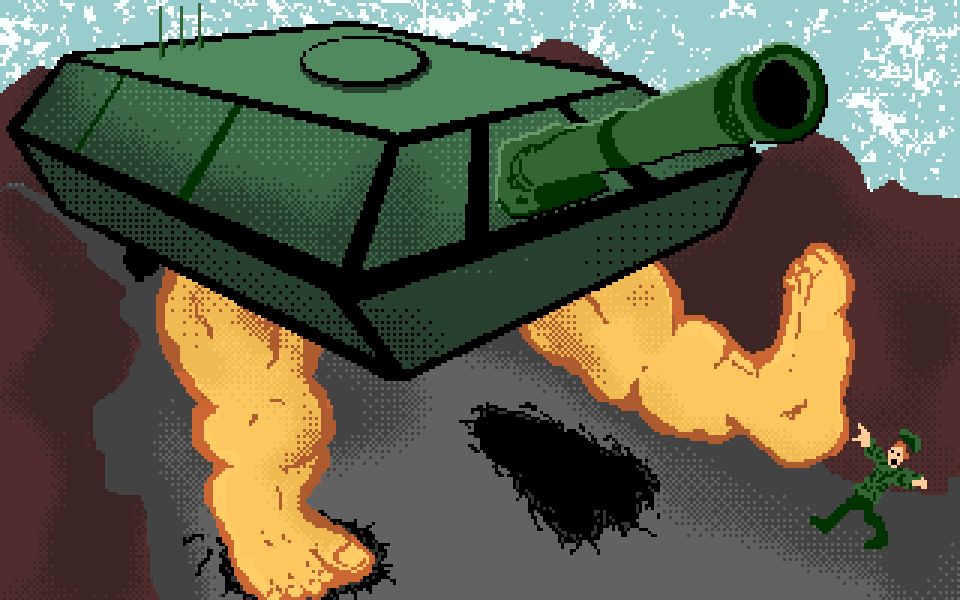 A tank body with two giant yellow legs with bare feet leaving giant foot prints in pavement. One foot kicks at a soldier