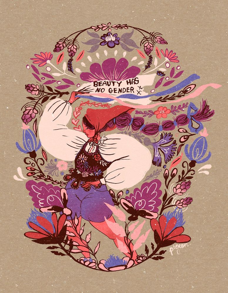Mixed media illustration showing a person holding a flag with the text BEAUTY HAS NO GENDER. They’re wearing clothing based on Polish traditional dress and are standing among the floral folk pattern. 