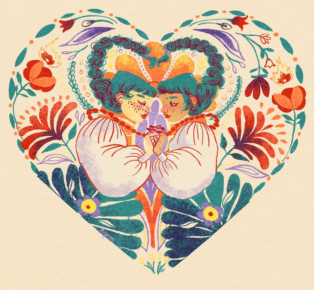Heart shaped design filled with Polish folk patterns and two girls holding hands and gazing at each other. 