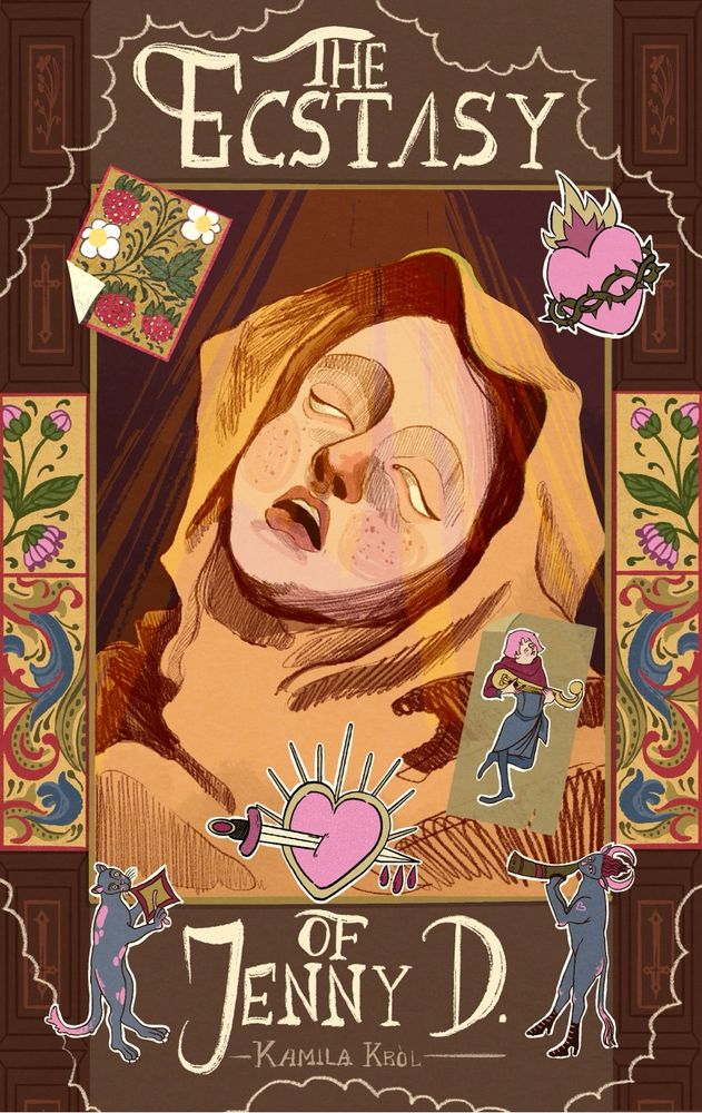 Cover design for my upcoming comic „The Ecstasy of Jenny D”. Merging medieval ornaments with the vibes of a teenager’s diary decorated with stickers. The nun in ecstasy on the cover is inspired by the sculpture Ecstasy of Saint Theresa. 