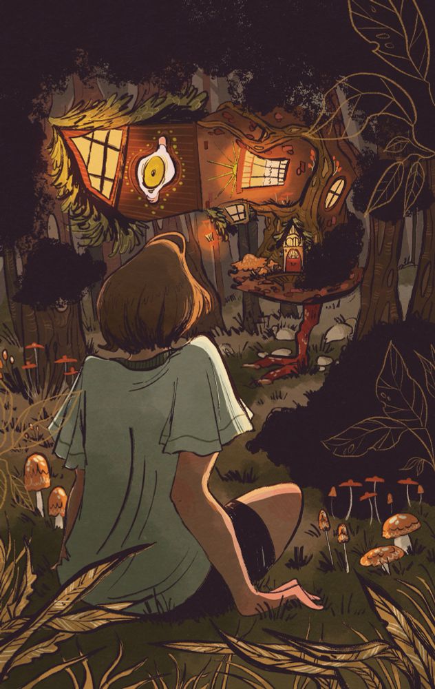 Moody, dark comic page set in the woods. A young girl sits on the ground among red mushrooms. She’s looking up onto a tall house on a chicken foot which is towering over her and staring at her intensely with a single bright yellow eye. 