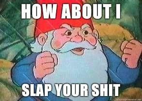Cartoon meme of David the Gnome. He is warm a red hat and blue shirt and has a long white beard and mustache. His fists are raised in anger and he has angry eyebrows. The caption says HOW ABOUT I SLAP YOUR SHIT