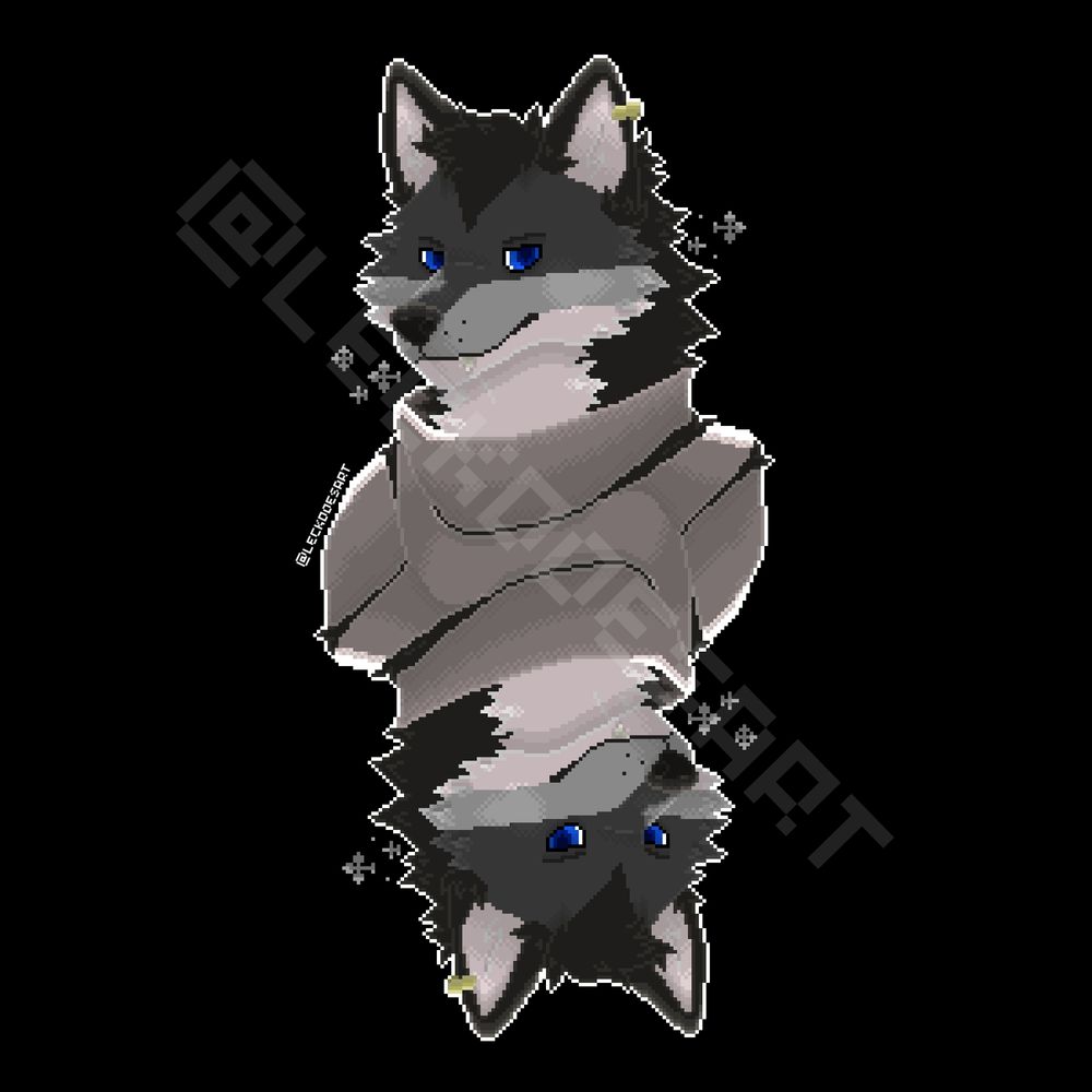 Awkore, the black grey and white wolf, drawn in the style of a playing card in Knight's armour.