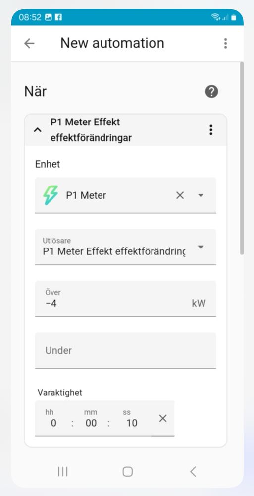 Screenshot på homeassistant-appen. Visar en automatisering för att sätta på och stänga av elpatronen