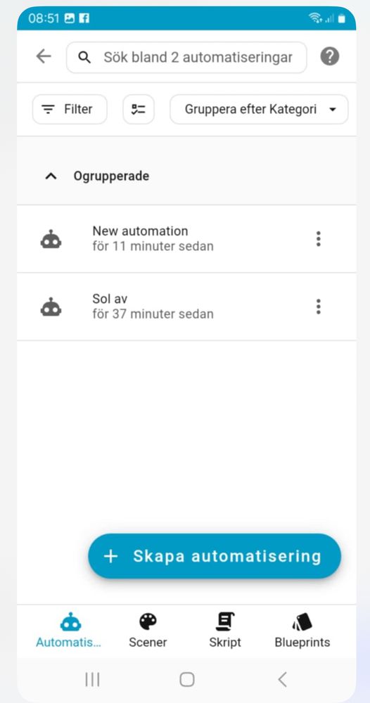 Screenshot på homeassistant-appen. Visar en automatisering för att sätta på och stänga av elpatronen