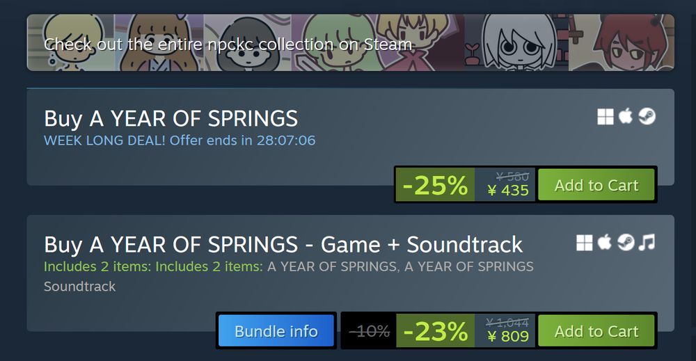 A YEAR OF SPRINGS 25% off and A YEAR OF SPRINGS game and soundtrack bundle 23% off on Steam