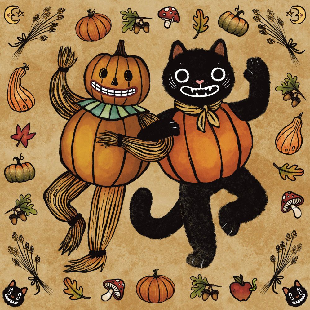 Retro Halloween drawing of a cat and a pumpkin boy based on Over The Garden Wall