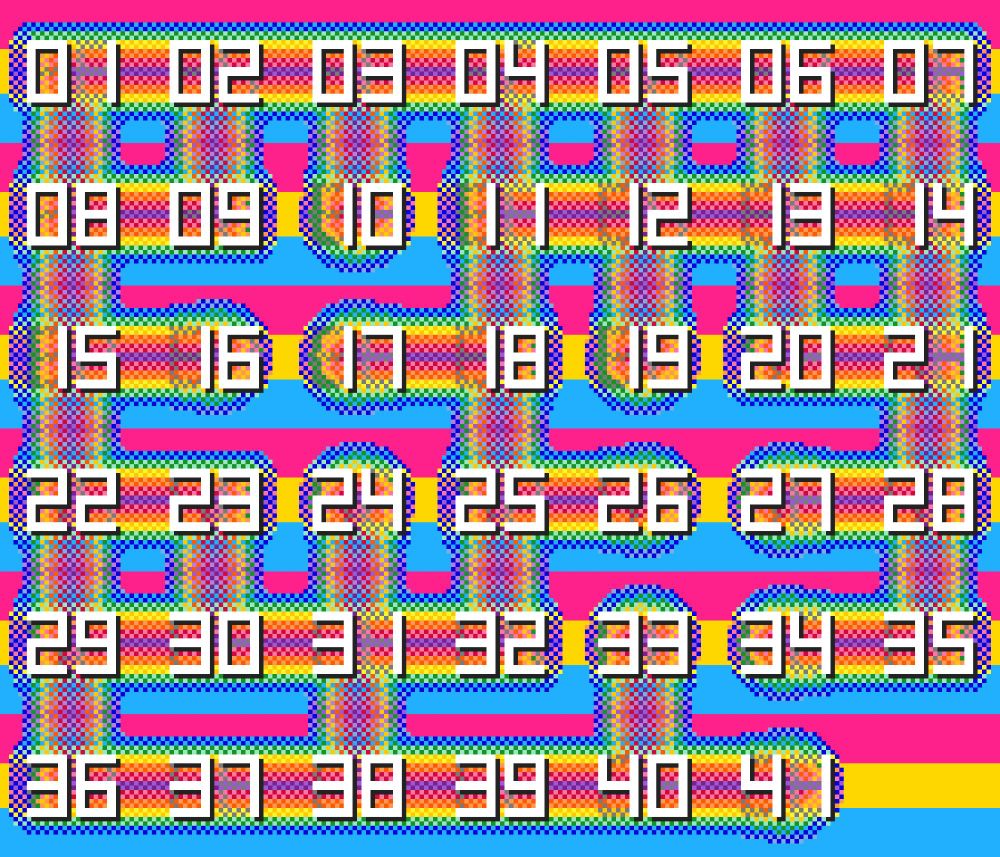 pixel art shows the numerals 1 through 41 over a background of pansexual flag pride colors. each number is on a section of a blobby, rainbow dotted worm shape that intersects in random ways.