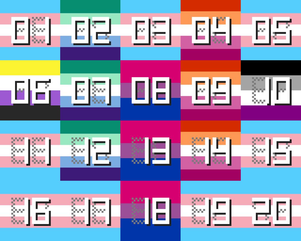 A grid of pixel art shows numerals 1 through 20 on a background of many different pride flags arranged in a very abstract heart shape.