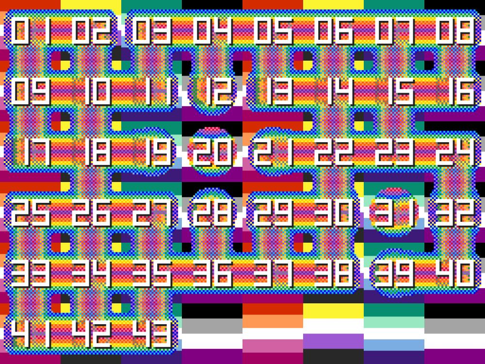 pixel art shows the numerals 1 through 43 over a background of various pride flag colors. each number is on a section of a blobby, rainbow dotted worm shape that intersects in random ways.