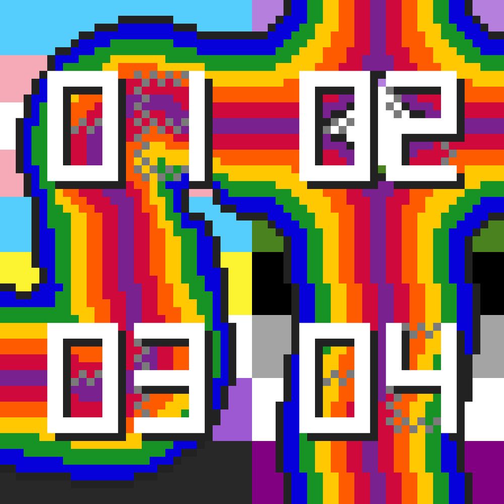 pixel art shows the numerals 1 through 4 over a square of 4 pride color tiles and an interlinked organic shape. like a maze or dungeon or mythical creature.