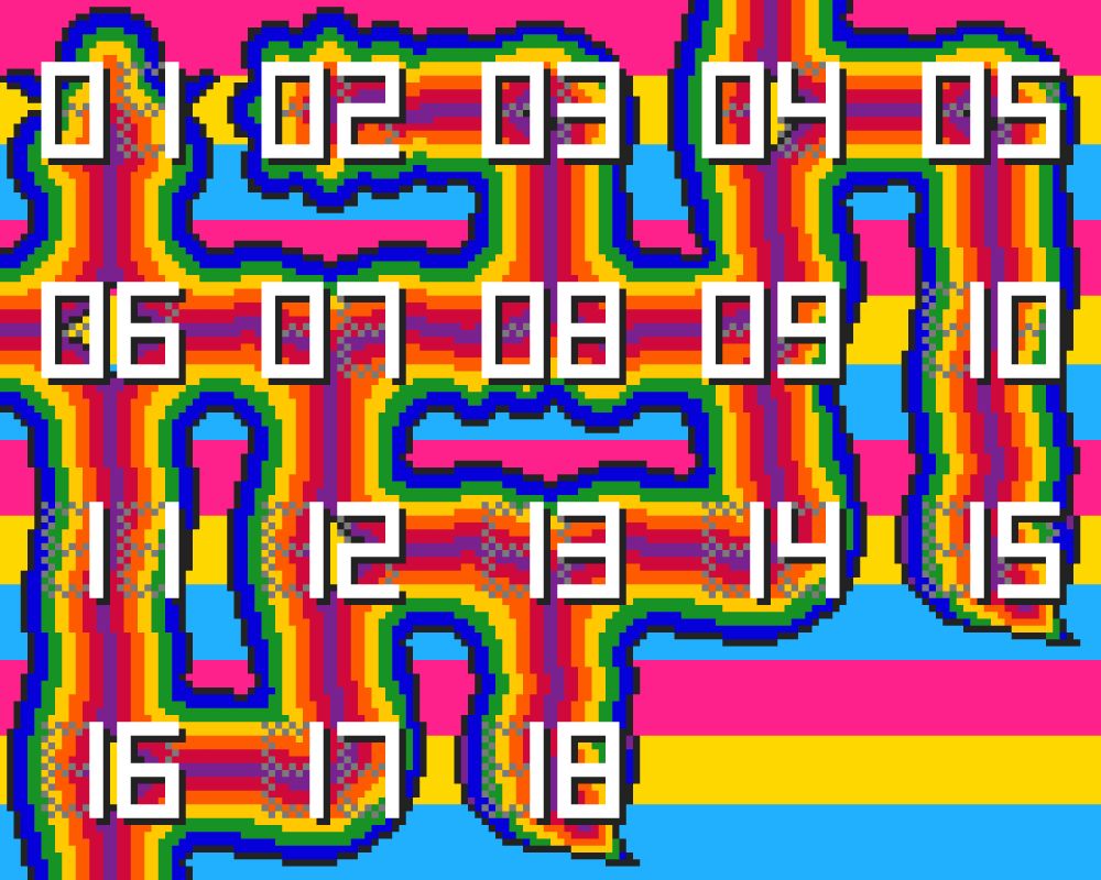 pixel art shows the numerals 1 through 18 over a background of pansexual flag pride colors. each number is on a section of a blobby wormy shape that intersects in random ways. the worm is rainbow striped