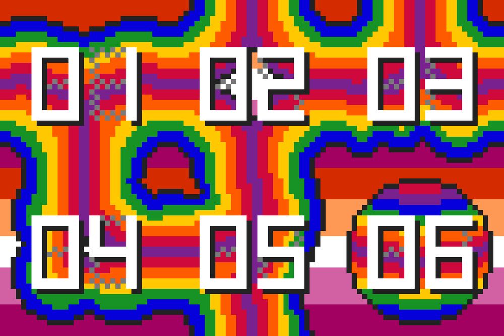 pixel art shows the numerals 1 through 6 over a background of lesbian pride colors. each number is on a section of a blobby wormy shape that intersects in random ways. the worm is rainbow striped.