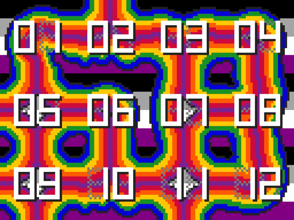 pixel art shows the numerals 1 through 12 over a background of asexual flag pride colors. each number is on a section of a blobby wormy shape that intersects in random ways. the worm is rainbow striped