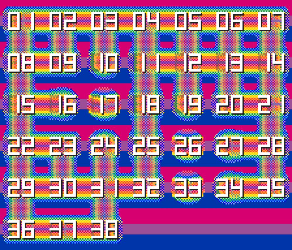 pixel art shows the numerals 1 through 38 over a background of bisexual flag pride colors. each number is on a section of a blobby, rainbow dotted worm shape that intersects in random ways.